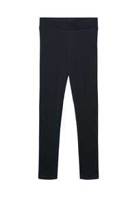 Czarne legginsy wykonane z elastycznej tkaniny, z gładkim pasem w talii i dopasowanym krojem. Brak widocznych szwów lub wzorów.