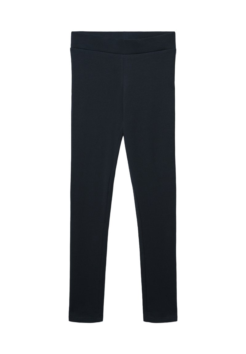 Czarne legginsy wykonane z elastycznej tkaniny, z gładkim pasem w talii i dopasowanym krojem. Brak widocznych szwów lub wzorów.