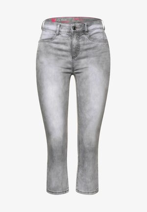 Jasnoszare, dopasowane jeansy z denimu z przednim guzikiem, zamkiem błyskawicznym, szlufkami na pasek i dwoma przednimi kieszeniami.