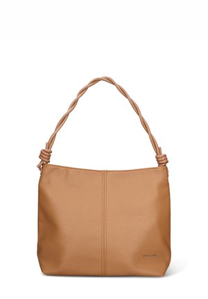 Borsa a mano in pelle color cuoio con finitura strutturata, caratterizzata da un manico intrecciato e un dettaglio di cuciture sottili sul davanti.