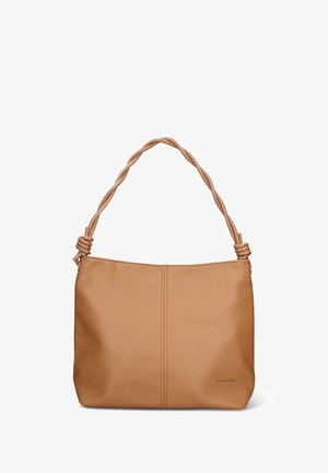 Sac à main en cuir fauve avec une finition texturée, doté d'une poignée torsadée et d'un détail de couture subtile à l'avant.