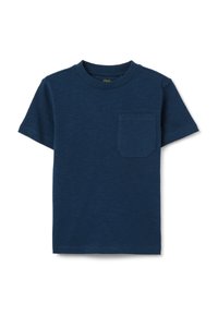 Dunkelblaues Baumwoll-T-Shirt mit kurzen Ärmeln und einem flach gestrickten Rundhalsausschnitt. Mit einer aufgesetzten Tasche auf der linken Seite. Glatte Textur.