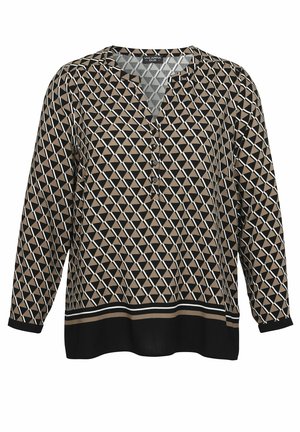 Blouse à manches longues avec un motif géométrique marron et noir, col en V, patte de boutonnage à trois boutons et détail de ourlet rayé.