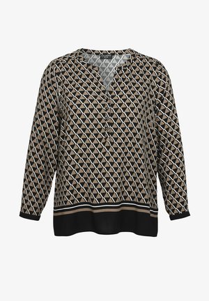 Long-sleeve brown and black geometric patterned blouse with a V-neck, three-button placket, and striped hem detail.