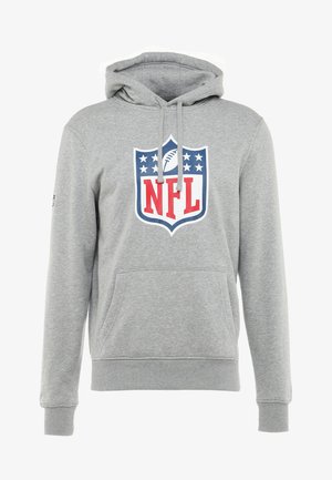 Grau-gestreifter Kapuzenpulli mit Fronttasche, der auf der Brust ein großes NFL-Schildlogo in Rot, Weiß und Blau zeigt. Weicher Stoff.