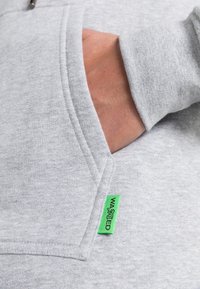 Felpa grigia chiara con tasca laterale e etichetta verde "WASTED". Tessuto morbido con una textura liscia e una vestibilità rilassata.