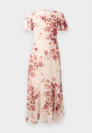 Robe midi crème à imprimé floral rose et marron, manches courtes, taille cintrée et ourlet asymétrique évasé.