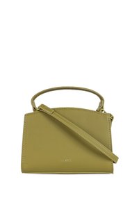 Groene leren tas met een gestructureerd ontwerp, afneembare schouderband en bovenhandvat. Heeft een gestructureerd oppervlak en een reliëflogo aan de voorkant.