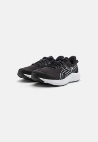 Black athletic shoes with a breathable mesh upper, black laces, and white accents. Features a cushioned sole and textured outsole for grip.