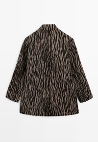 Gelaagde, gepatterde jacket in tinten zwart en bruin met een kraag, lange mouwen en een los, ontspannen pasvorm.