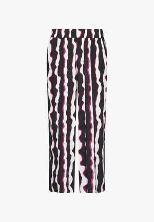 Patronenbroek met een zwart, wit en fuchsia golvende print. Elastiche tailleband; lichtgewicht stof; rechte pijpen.