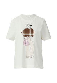 White T-shirt featuring a graphic of a person in sunglasses, wearing a brown plaid sweater, holding a pink handbag.