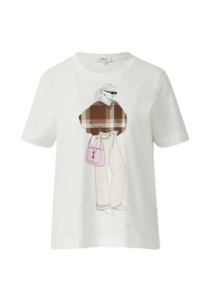 weißes T-Shirt mit einem Grafikdesign einer Person mit Sonnenbrille, die einen braunen karierten Pullover trägt und eine rosa Handtasche hält.