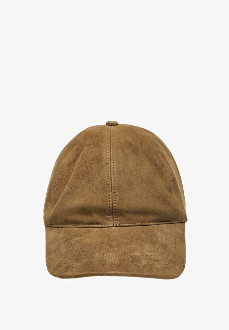 Brown suede baseball cap with six-panel design, rounded crown, and a curved brim. Features visible stitching along the brim and panels.