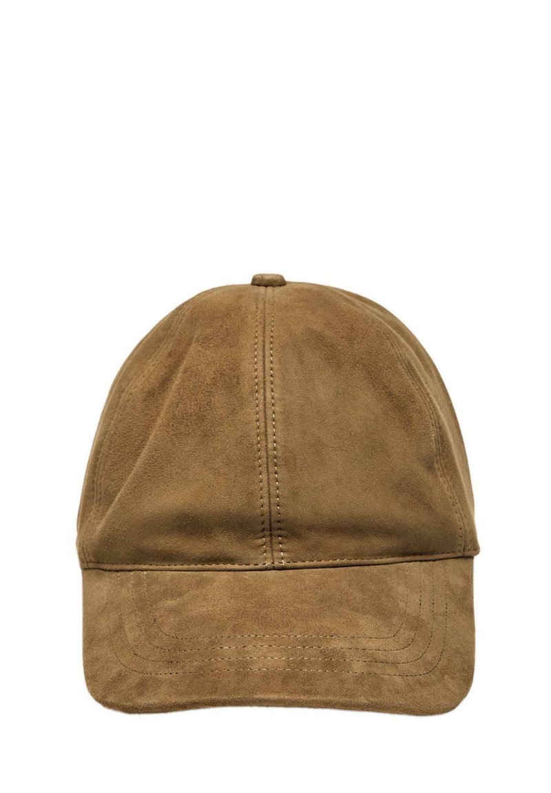 Braune Wildleder-Baskenkappe mit sechsteiligem Design, runder Krone und gebogenem Schirm. Sie verfügt über sichtbare Nähte entlang des Schirms und der Paneele.
