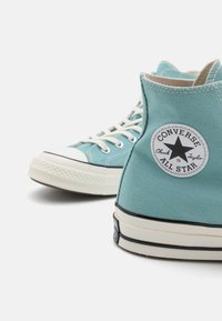 Adidași turcoaz din pânză, cu glezna înaltă, șireturi albe, vârf de cauciuc și margine neagră, având un patch circular cu logo-ul Converse pe lateral.
