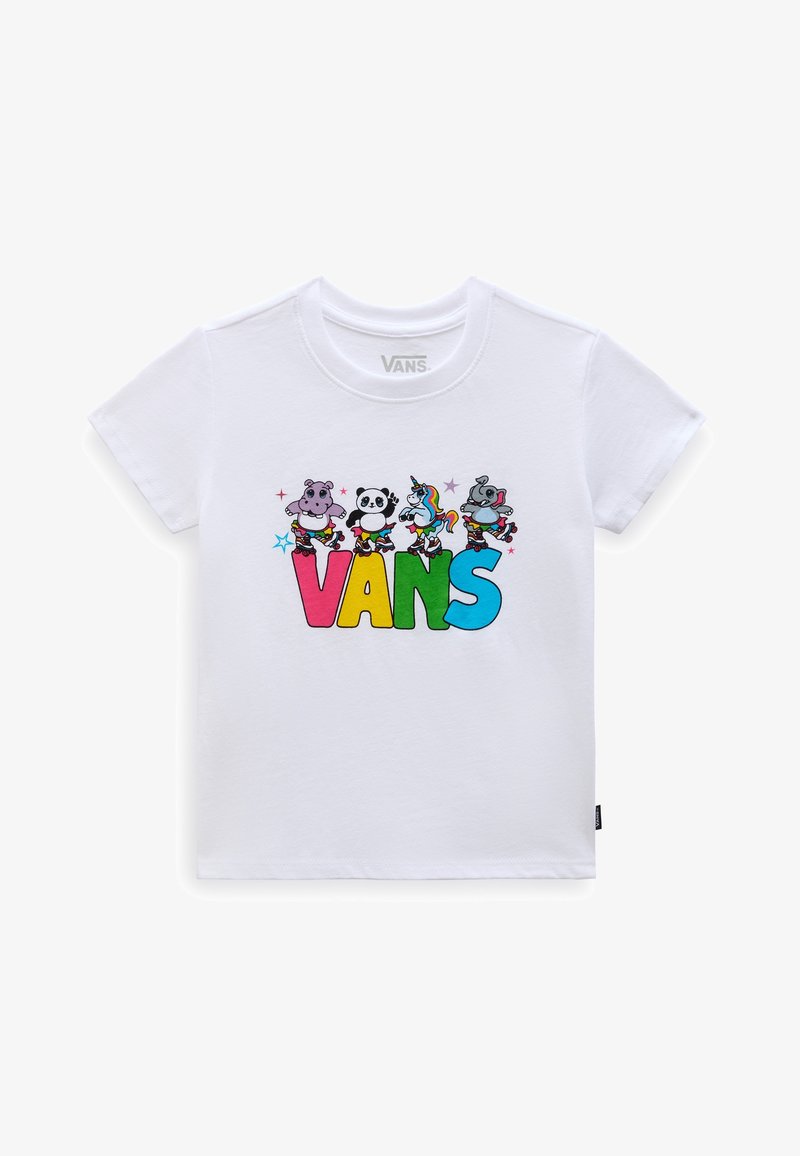 T-shirt bianca in cotone con un design colorato che presenta quattro animali dei cartoni animati su skateboard e il testo "VANS" in lettere vivaci.
