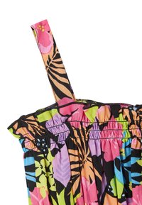 Top con stampa floreale realizzato in tessuto leggero, caratterizzato da colori vivaci, texture arricciata e spalline sottili e regolabili. Motivo nero e vivace.