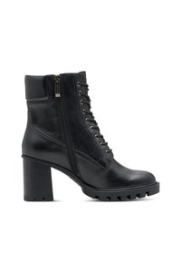 Bottine noire en cuir avec talon bloc, fermeture éclair latérale, laçage à l'avant et semelle robuste pour une meilleure adhérence.