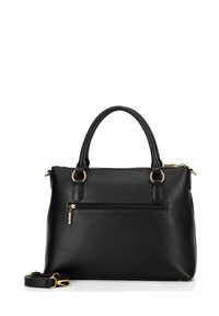 Zwarte leren handtas met een gestructureerd oppervlak, dubbele bovenhandvatten, gouden hardware, een ritsvak aan de voorkant en een verstelbare schouderriem.