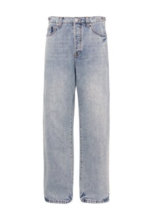 Light blue high-waist straight-leg denim jeans with front pockets and a button closure on a plain white background.