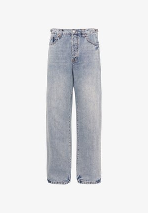 Light blue high-waist straight-leg denim jeans with front pockets and a button closure on a plain white background.