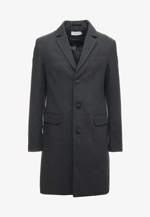 Dark gray wool blend overcoat with a single-breasted design, notch lapels, and two front pockets. Features six buttons on the front.