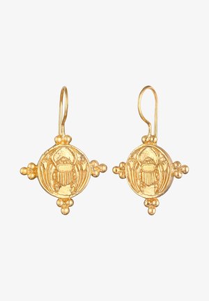 Goldene Ohrringe mit kreisförmigen Designs und einem zentralen Skarabaeus-Motiv, akzentuiert durch kleine Kugeln an jedem Kardinalpunkt. Glatte Textur.