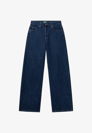 Jeans de mezclilla en azul oscuro con un diseño de pierna ancha, que cuentan con un cierre de botón, cinco bolsillos y sutiles detalles de costura.