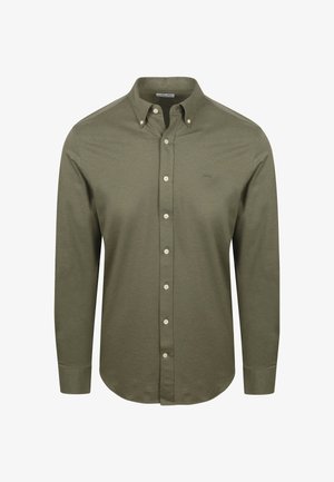 Langarm overhemd in olijfgroen katoen. Kenmerken zijn een button-down kraag, een voorplacket met knopen en manchetten met knopen.