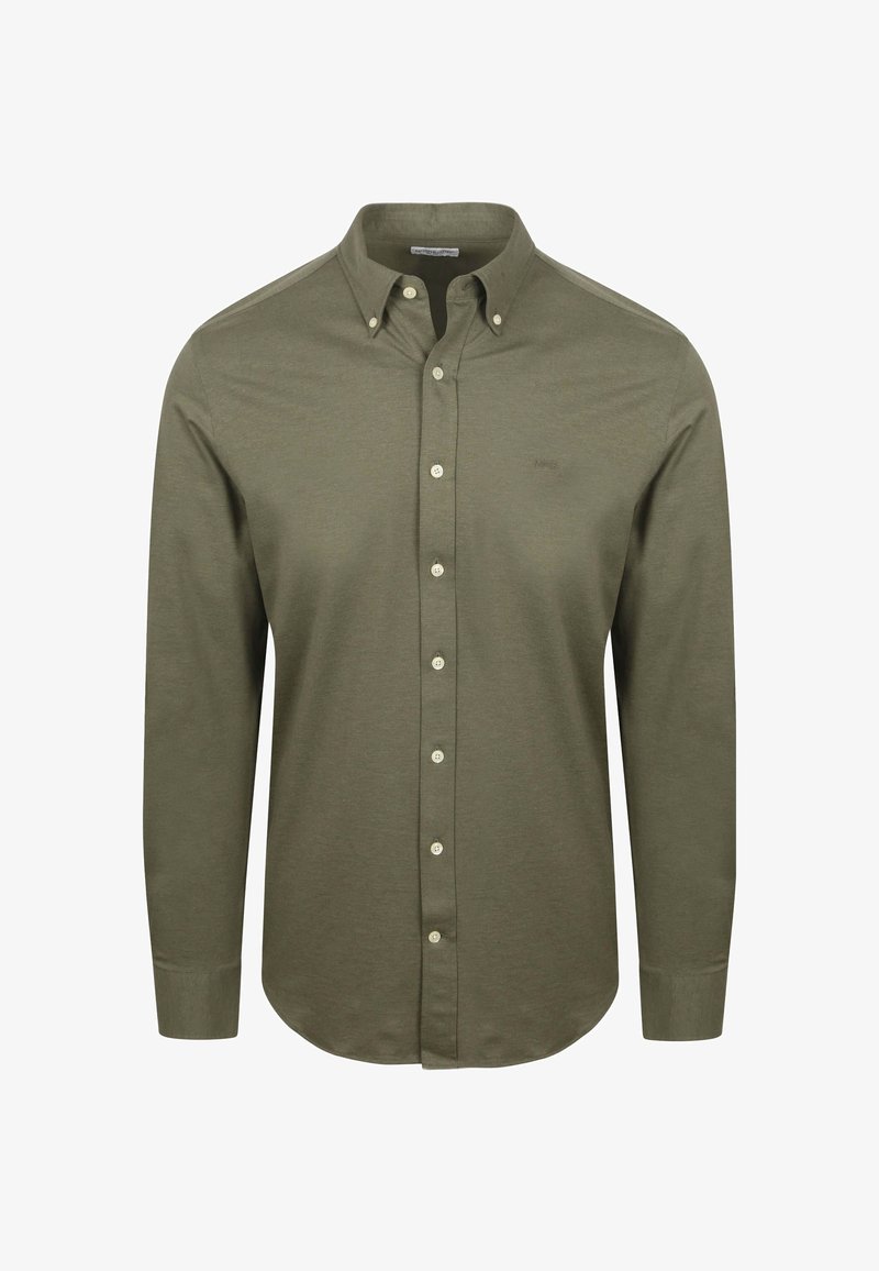 Langarm overhemd in olijfgroen katoen. Kenmerken zijn een button-down kraag, een voorplacket met knopen en manchetten met knopen.