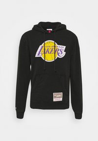 Sweat à capuche noir avec un grand logo "Los Angeles Lakers" en violet et jaune, poche kangourou, capuche avec cordon de serrage et une étiquette de marque à l'ourlet.