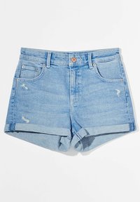 Denim shorts in light blue, featuring a high waist, rolled cuffs, and distressed details. Classic five-pocket design with a button closure.
