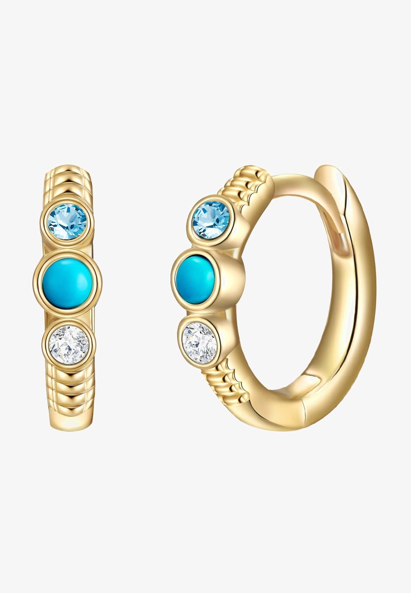 Zelta gredzenveida auskari ar trim apļveida akmeņiem: divi gaiši zili un viens tirkīza krāsas, kā arī divi caurspīdīgi akmeņi, ar teksturētu dizainu uz joslas.