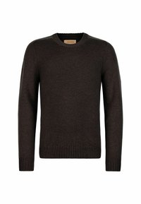 Ciemnobrązowy sweter z dzianiny o okrągłym dekolcie, długich rękawach oraz ściągaczach przy rękawach i u dołu. Charakteryzuje się gładką fakturą i minimalnymi detalami.