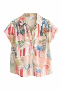 Chemise à manches courtes avec un motif abstrait en aquarelle coloré dans des tons de rose, bleu, vert et beige, dotée d'une poche sur la poitrine.