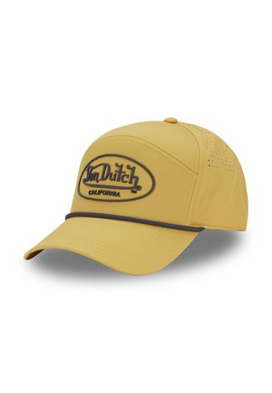 Casquette jaune avec une visière courbée, arborant un logo brodé et des accents gris. Fabriquée en tissu lisse avec des trous d'aération sur les côtés.