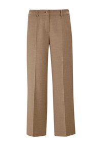 Bruine op maat gemaakte rechte broek met voorplooien, riemlussen en een enkele knoopsluiting aan de tailleband.