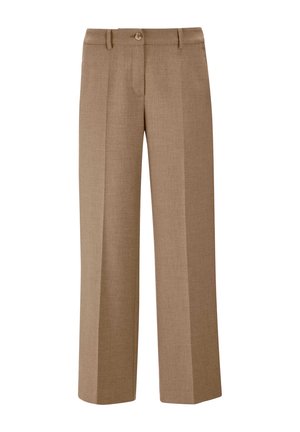 Braune maßgeschneiderte gerade Hosen mit vorderen Falten, Gürtelschlaufen und einem einzigen Knopfverschluss am Bund.