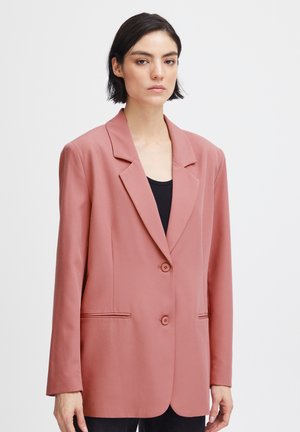 Blush pink blazer made of soft fabric, featuring a notched lapel, two-button closure, and side pockets, with a tailored fit and long sleeves.