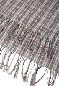 Gray and red plaid scarf with fringed edges, made of lightweight fabric featuring a checkered pattern and soft texture.