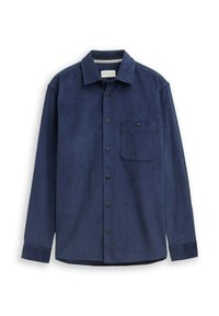 Heren langemouwen overhemd in donkerblauw met knoopsluiting, voorzien van een voorzak met knopen en textuurstof.