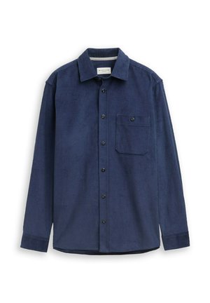 Herrenlangarmhemd in Marineblau mit Knopfverschluss und einer frontalen Knopftasche sowie strukturierter Stoffqualität.