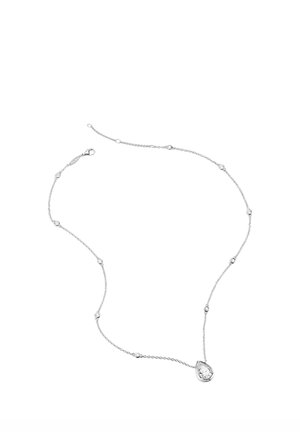 Zarte silberne Kette mit kleinen, gleichmäßig verteilten runden Steinen und einem birnenförmigen klaren Edelstein-Anhänger.