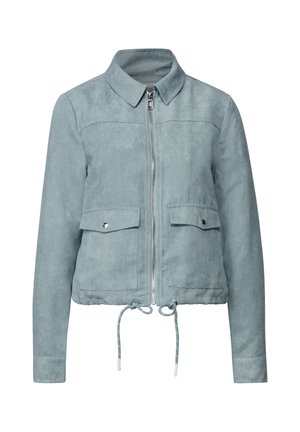 Giacca di velluto a coste blu chiaro con zip frontale, due tasche a patta, colletto, maniche lunghe e orlo con coulisse regolabile.
