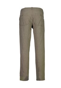 Grijze linnen broek met een recht model, twee achterzakken en een subtiel textuurpatroon. Bevat knoopaccenten op de zakken.