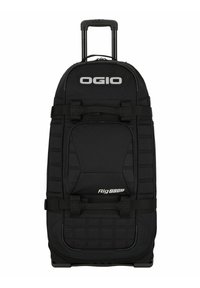 Bolsa de viaje con ruedas negras, con exterior acolchado, correas ajustables y grandes compartimentos con cremallera. Presenta el logo de OGIO en la parte frontal.