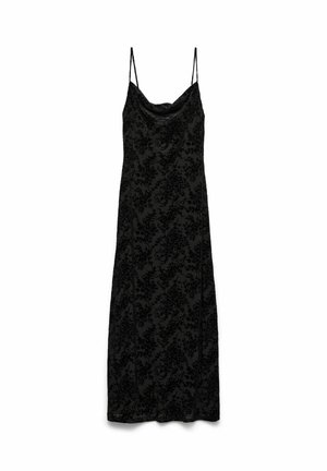 Melna kleita bez piedurknēm ar drapētu izgriezumu un ziedu rakstu. Izgatavota no mīksta auduma, tai ir plānas lences un taisna siluets.