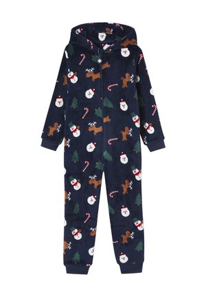 Dunkelblauer Kinder-Hoodie-Overall mit Reißverschluss, verziert mit Weihnachtsmotiven wie Schneemännern, Rentieren, Zuckerstangen und Tannenbäumen.