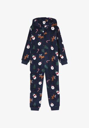 Dunkelblauer Kinder-Hoodie-Overall mit Reißverschluss, verziert mit Weihnachtsmotiven wie Schneemännern, Rentieren, Zuckerstangen und Tannenbäumen.